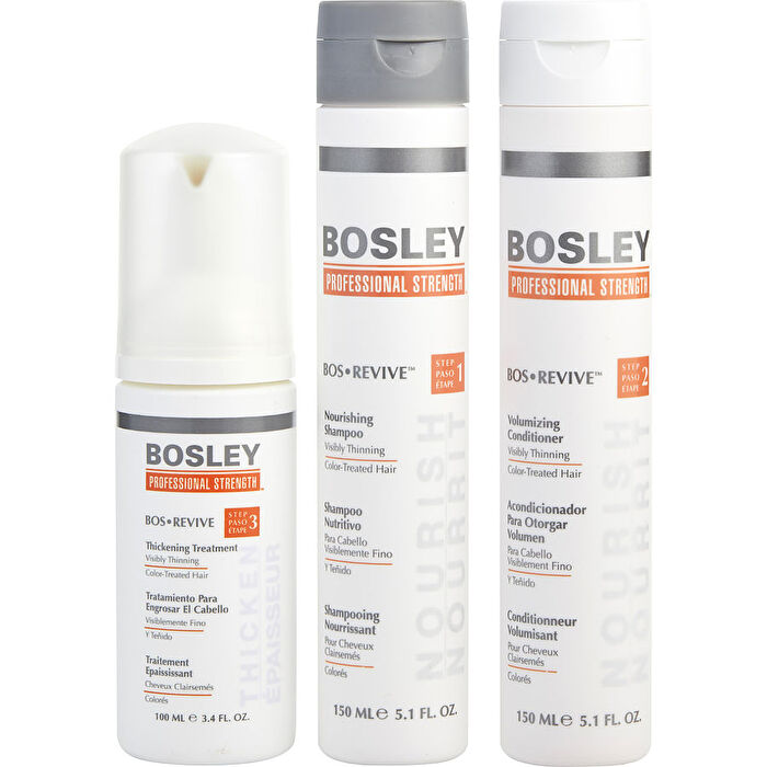 Bosley MD BosRevive Volumizing Color Safe Kit: Nourishing Shampoo 5.1oz+Volumizing Conditioner 5.1oz+Leave In Treatment 3.4oz 3pcs